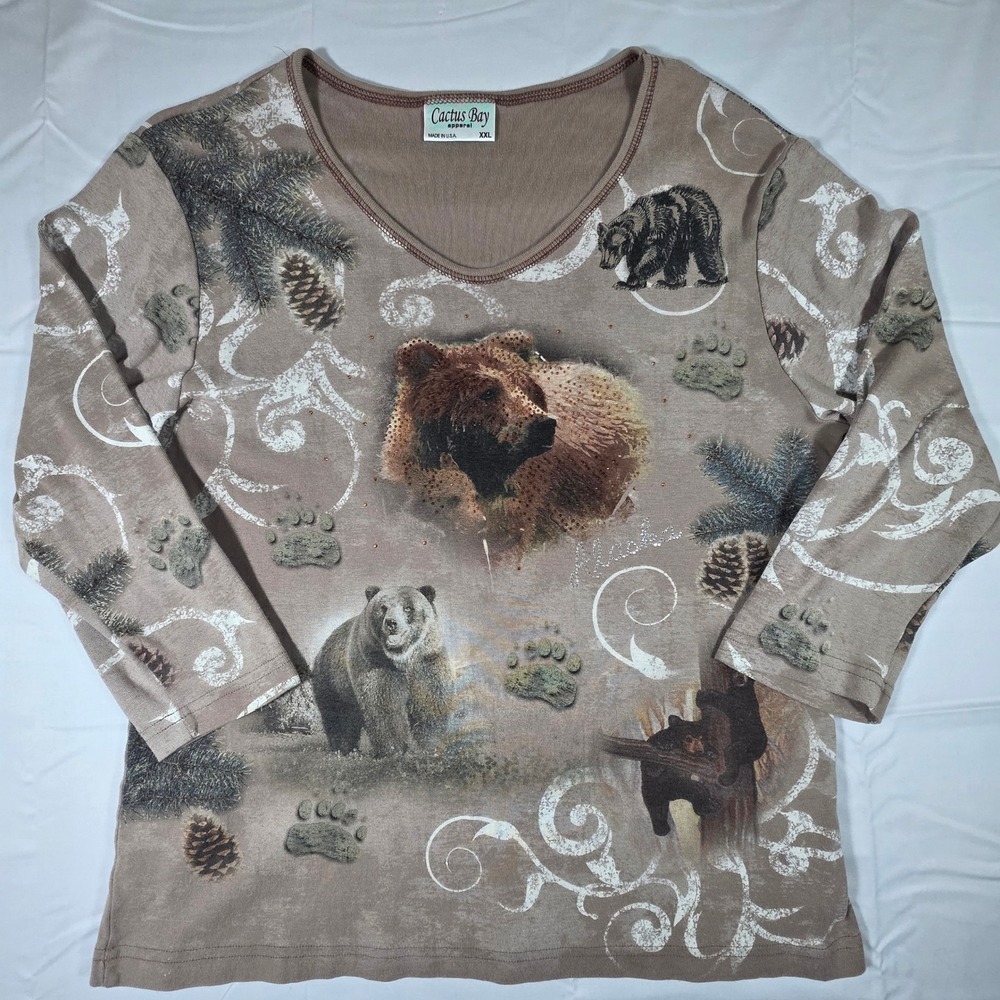 Vintage Cactus Bay Alaska Bear Rhinestone V-Neck Top Brown XXL Made in USA